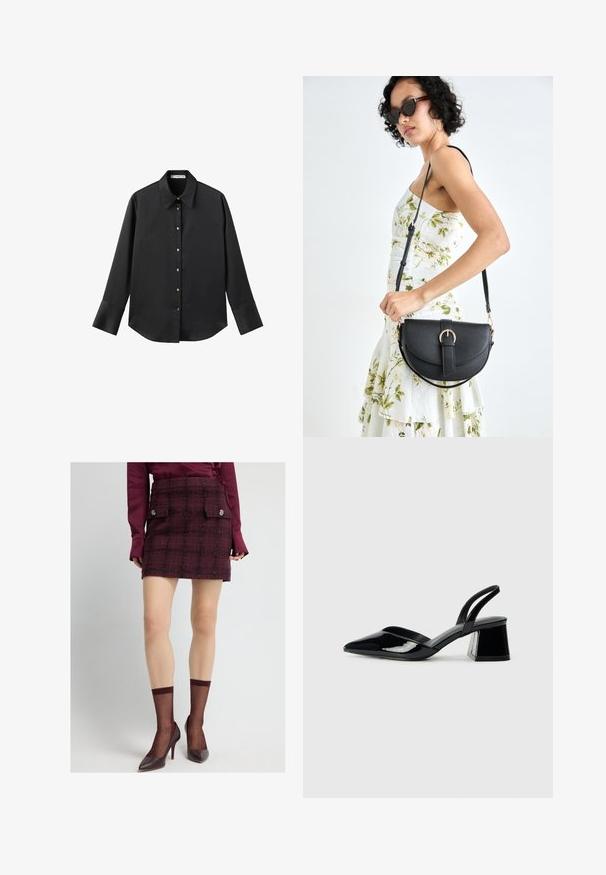 Chemise noire à manches longues en tissu lisse, dotée d'un col classique, d'une fermeture à boutons sur le devant avec des boutons dorés, et de larges poignets.; Mini-jupe en tweed bordeaux à motif à carreaux, dotée de deux poches avant et de boutons décoratifs. Portée avec des chaussettes en tulle bordeaux et des talons.; Escarpins en cuir verni noir avec bout pointu et talon bloc géométrique. Présente un design élégant et minimaliste ainsi qu'une texture lisse.; Sac à main en cuir noir avec une forme courbée, bandoulière amovible et des accessoires en or. Le sac est doté d'un rabat avec un détail de boucle.