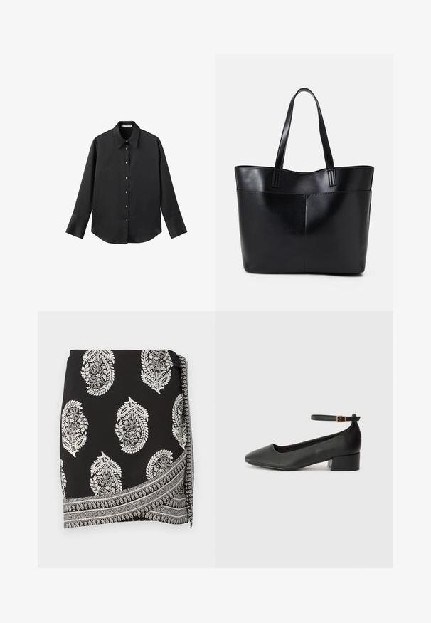 Cămașă neagră cu mâneci lungi dintr-un material neted, având un guler clasic, închidere frontală cu butoane aurii și manșete late.; Fustă neagră înfășurată cu modele paisley albe și un design detaliat pe margine. Fabricată dintr-un material ușor, cu o textură fină.; Pantof cu toc negru din piele, cu vârf ascuțit și toc mic pătrat. Dispune de o curea la gleznă cu o cataramă în tonuri de aur. Textură netedă.; Geantă oversized din piele neagră, cu două mânere lungi, de textură netedă și formă structurată. Are un buzunar frontal pentru stocare suplimentară.