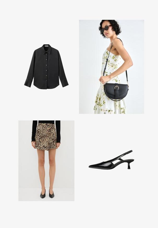 Czarna koszula z długim rękawem z gładkiego materiału, z klasycznym kołnierzykiem, zapięciem na guziki z przodu w złotym odcieniu oraz szerokimi mankietami.; Mini spódnica w panterkę z miękkiego materiału, z wysokim stanem i prostym krojem. Połączona z czarnymi czółenkami z szpiczastym noskiem.; Czarne lakierowane czółenka na odkrytej pięcie z wąskim noskiem, z wykrojem po bokach i małym kwadratowym obcasem. Gładka faktura z minimalnymi akcentami.; Czarna skórzana torebka o zakrzywionym kształcie, z odpinanym paskiem i złotymi akcentami. Torebka posiada klapę z zapięciem w kształcie klamry.