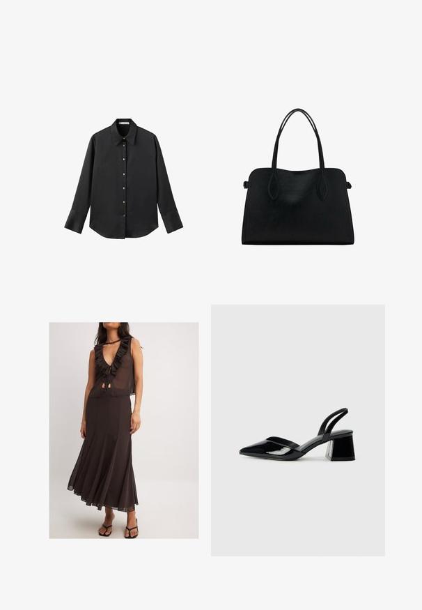 Schwarz langärmliges Hemd aus glattem Stoff, mit klassischem Kragen, frontaler Knopfleiste mit goldfarbenen Knöpfen und breiten Manschetten.; Braunes ärmelloses Kleid mit einem Rüschenausschnitt in V-Form, geknoteter Vorderseite und einem fließenden Rock. Leichter Stoff und eine taillierte Taille heben die Silhouette hervor.; Schwarze Lackleder-Slingback-High Heels mit spitzem Schuh und einem geometrischen Blockabsatz. Verfügt über ein schlankes, minimalistisches Design und eine glatte Textur.; Schwarze Lederhandtasche mit zwei Schulterriemen, rechteckiger Form und minimalistischem Design auf weißem Hintergrund.