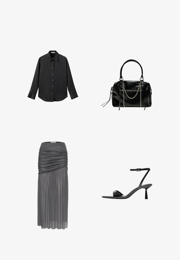 Svart långärmad skjorta i mjukt tyg, med klassisk krage, framknäppning med knappar i guldton och breda manschetter.; Grå rynkad kjol med lager av genomskinlig tyg, med enfigurad midja och flödande drapering. Slät textur och mjuk yta.; Bershka Sandaletter - black; Bershka WITH CHAIN - Handväska - black