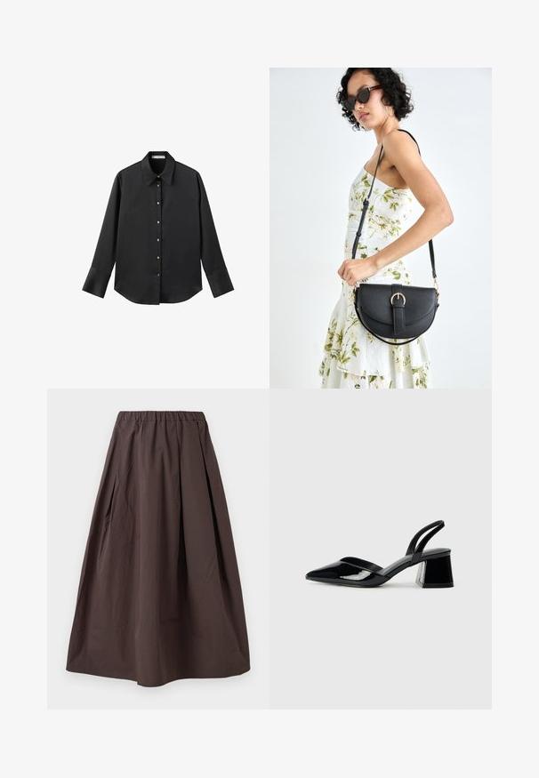Schwarz langärmliges Hemd aus glattem Stoff, mit klassischem Kragen, frontaler Knopfleiste mit goldfarbenen Knöpfen und breiten Manschetten.; Brauner Midilänge-Rock mit elastischem Bund und dezenten Falten auf einem weißen Hintergrund.; Schwarze Lackleder-Slingback-High Heels mit spitzem Schuh und einem geometrischen Blockabsatz. Verfügt über ein schlankes, minimalistisches Design und eine glatte Textur.; Schwarze Lederhandtasche mit geschwungener Form, abnehmbarem Tragegurt und goldenen Beschlägen. Die Tasche verfügt über einen Deckel mit einer Schnallen-Details.