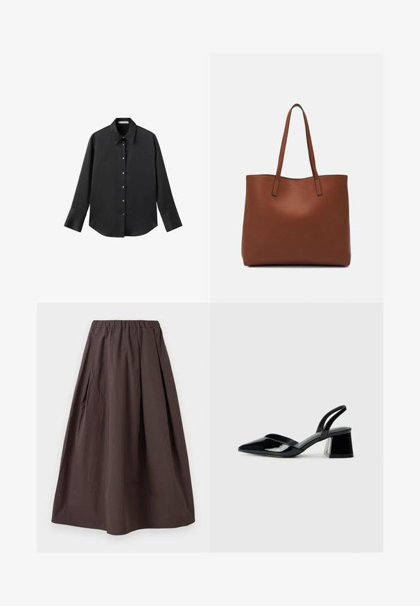 Cămașă neagră cu mâneci lungi dintr-un material neted, având un guler clasic, închidere frontală cu butoane aurii și manșete late.; Fustă midi de culoare brown, cu talie elastică și pliseuri subtile, pe un fundal alb.; Pantofi cu toc slingback din piele lacuită neagră, cu vârf ascuțit și toc geometric. Prezintă un design elegant, minimalist și o textură netedă.; Geantă de umăr din piele maro cu o textură netedă, design cu vârf deschis și două curele pentru umăr. Prezintă cusături minime și fără componente metalice vizibile.