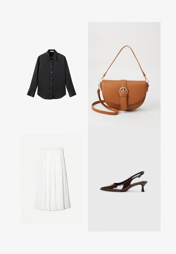Čierna dlhá rukávová košeľa z hladkého materiálu, s klasickým golierom, predným zapínaním na gombíky so zlatými gombíkmi a širokými manžetami.; Biela maxi sukňa vyrobená z ľahkého materiálu s viacvrstvovým dizajnom a horizontálnymi švami. Elastický pás s voľným siluetou.; Hnedá lakovaná slingback obuv s špicatou špičkou a mierne vysokým opätkom. Obsahuje pracku pre bezpečné upevnenie. Hladká textúra.; Hnedá kožená kabelka cez telo s zakriveným tvarom, zlatými kovovými doplnkami a akcentom s prackou. Obsahuje odnímateľný ramenný popruh.