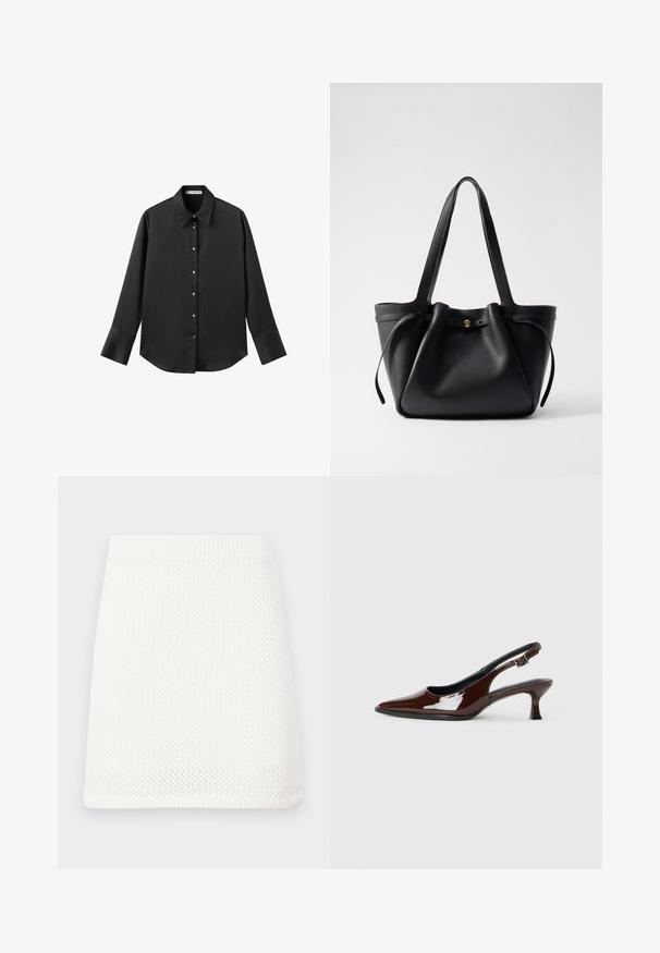 Schwarz langärmliges Hemd aus glattem Stoff, mit klassischem Kragen, frontaler Knopfleiste mit goldfarbenen Knöpfen und breiten Manschetten.; Weißer Strick-Minirock mit strukturiertem Muster, elastischem Bund und gerader Silhouette.; Braune Lackleder-Slingback-Schuhe mit spitzer Zehe und moderatem Absatz. Mit einem Schnallenriemen für einen sicheren Sitz. Glatte Textur.; Schwarze Leder-Tote mit zwei langen Tragegriffen, einem gerafften oberen Teil und einem goldenen runden Akzent. Glatte Textur mit minimalistischem Design.