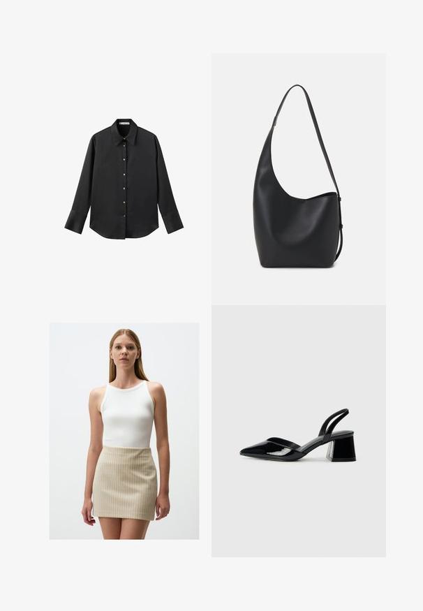 Maglietta nera a maniche lunghe in tessuto morbido, con colletto classico, chiusura frontale con bottoni dorati e polsini ampi.; Top a costine bianco abbinato a una mini gonna beige con sottili righe verticali chiare. Tessuti lisci e design aderente.; Décolleté in vernice nera con punta affusolata e tacco in geometria cubica. Presentano un design elegante e minimalista, con una texture liscia.; Borsa hobo nera in pelle con una superficie liscia, forma curvata e una singola tracolla regolabile; presenta un'ampia apertura nella parte superiore.