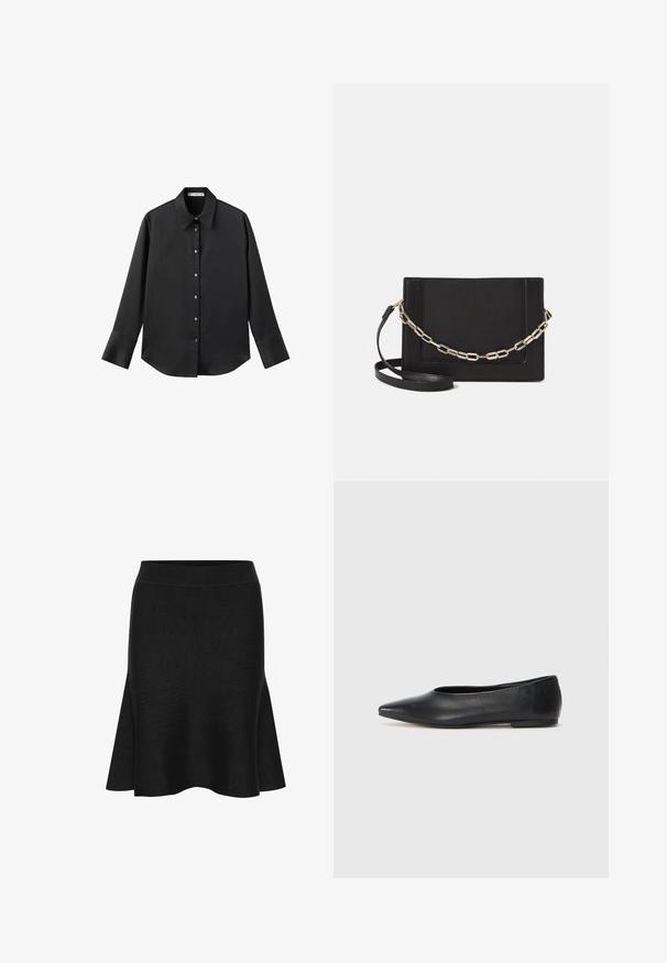 Maglietta nera a maniche lunghe in tessuto morbido, con colletto classico, chiusura frontale con bottoni dorati e polsini ampi.; Gonna nera a maglia svasata con vita alta. Presenta una texture liscia e un lieve svaso all'orlo. Nessun motivo o accento visibile.; Ballerine in pelle nera, punta affusolata, design minimalista, texture liscia, tacco basso, senza hardware o decorazioni visibili.; Borsa a tracolla nera in pelle con una texture liscia, forma rettangolare e dettaglio in catena metallica sul davanti. Inclusa una tracolla regolabile.
