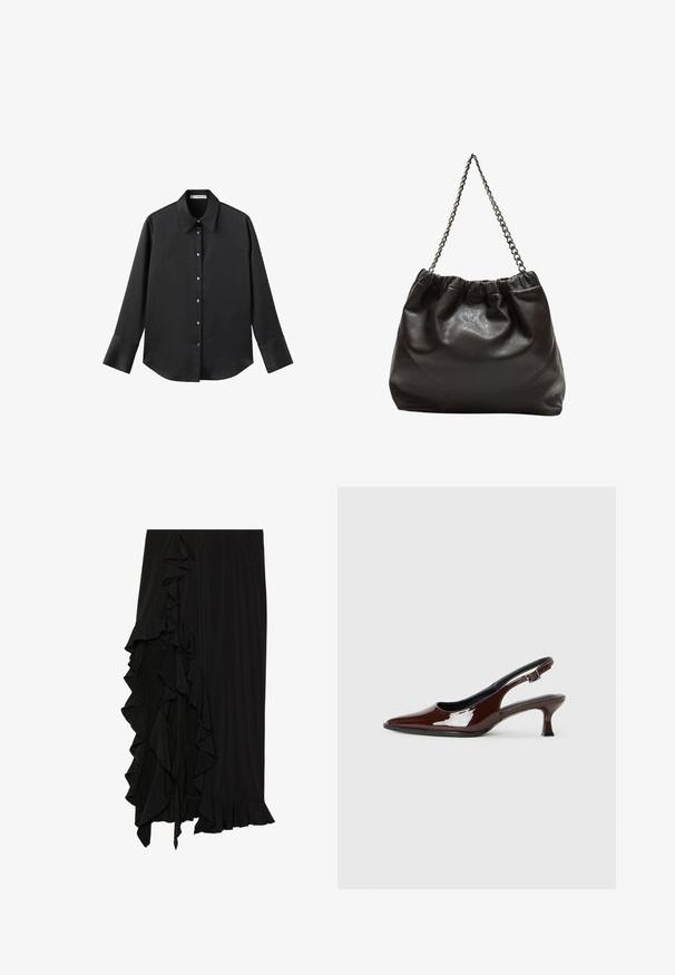 Čierna dlhá rukávová košeľa z hladkého materiálu, s klasickým golierom, predným zapínaním na gombíky so zlatými gombíkmi a širokými manžetami.; Čierna sukňa vyrobená z jemnej látky s rázporokom pozdĺž ľavej strany a volánovým lemom na spodnej časti, ktorý vytvára plynulý siluetu.; Hnedá lakovaná slingback obuv s špicatou špičkou a mierne vysokým opätkom. Obsahuje pracku pre bezpečné upevnenie. Hladká textúra.; Hnedá kožená taška so zberaným vrchom a reťazovým popruhom. Hladký povrch s lesklým finišom a jemným švom po stranách.