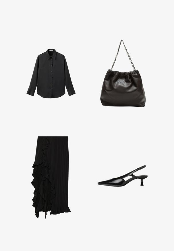 Čierna dlhá rukávová košeľa z hladkého materiálu, s klasickým golierom, predným zapínaním na gombíky so zlatými gombíkmi a širokými manžetami.; Čierna sukňa vyrobená z jemnej látky s rázporokom pozdĺž ľavej strany a volánovým lemom na spodnej časti, ktorý vytvára plynulý siluetu.; Čierne lakované kožené lodičky na podpätku s špicatou špičkou, výrezovým dizajnom na boku a malým štvorcovým podpätkom. Hladký povrch s minimálnymi akcentmi.; Hnedá kožená taška so zberaným vrchom a reťazovým popruhom. Hladký povrch s lesklým finišom a jemným švom po stranách.