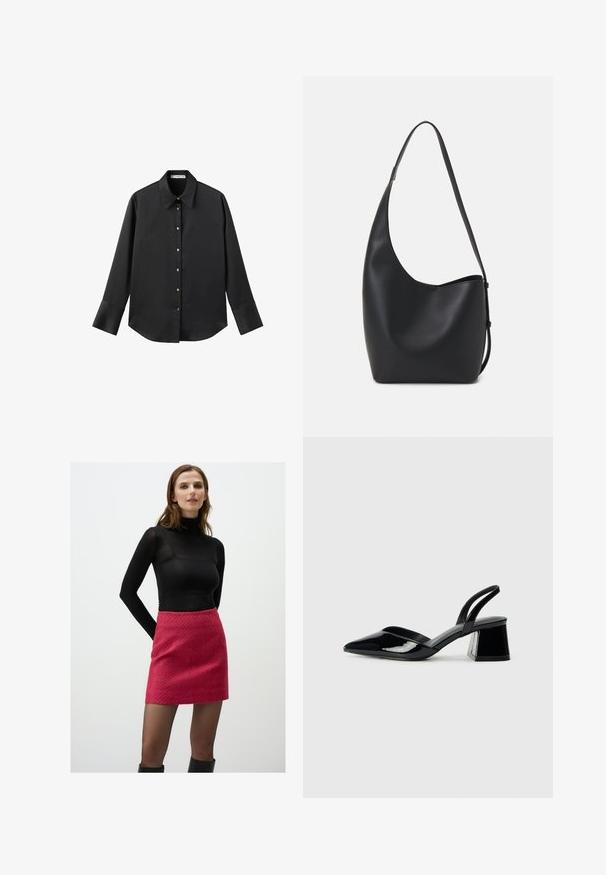 Chemise noire à manches longues en tissu lisse, dotée d'un col classique, d'une fermeture à boutons sur le devant avec des boutons dorés, et de larges poignets.; Un haut à col roulé noir à manches longues associé à une jupe mini texturée rose, porté avec des bottes noires jusqu'aux genoux, le tout sur un fond blanc uni.; Escarpins en cuir verni noir avec bout pointu et talon bloc géométrique. Présente un design élégant et minimaliste ainsi qu'une texture lisse.; Sac hobo en cuir noir avec une texture lisse, une forme incurvée et une seule sangle réglable ; dispose d'une large ouverture en haut.