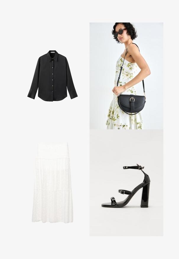 Zwarte lange mouwen shirt van gladde stof, met een klassieke kraag, een sluiting met knopen aan de voorkant met gouden knopen en brede manchetten.; Witte gelaagde rok van textuurstof, met een brede tailleband en een vloeiende uitstraling. Het materiaal vertoont subtiele patronen verspreid over de stof.; Zwarte gepatenteerde sandalen met hak en een vierkante neus, enkelbandjes en zilveren gespen. Heeft een stevige blokhak voor stabiliteit.; Zwarte leren handtas met een gebogen vorm, afneembare schouderband en gouden hardware. De tas heeft een klep met een gespsluiting.