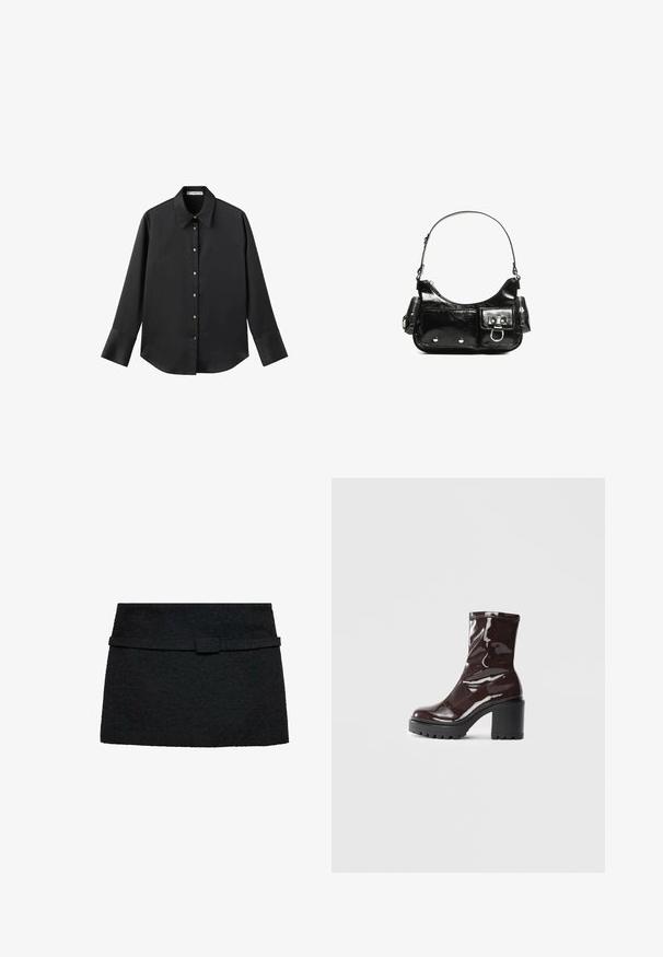 Black long-sleeve shirt in smooth fabric, featuring a classic collar, front button closure with gold-tone buttons, and wide cuffs.; Black mini skirt made of textured fabric, featuring a matching belt at the waist. Simple design with a straight cut and no patterns.; Glossy burgundy ankle boot with a chunky black heel, featuring a smooth texture and simple design. No visible fastenings or patterns.; Black patent leather handbag with a curved shape, one shoulder strap, front pockets, and silver-tone hardware accents.