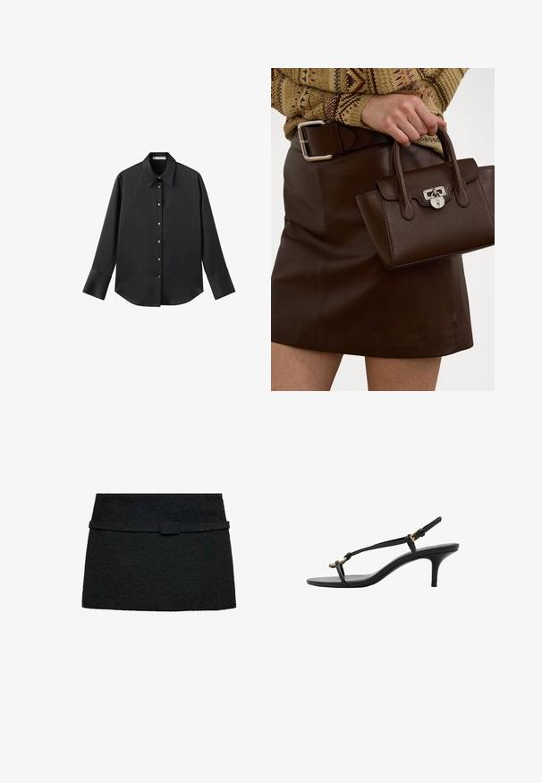 Cămașă neagră cu mâneci lungi dintr-un material neted, având un guler clasic, închidere frontală cu butoane aurii și manșete late.; Fustă mini neagră dintr-un material texturat, cu un brâu asortat la talie. Design simplu, cu croială dreaptă și fără modele.; Sandal cu toc kitten din piele neagră, cu curele subțiri, cataramă aurie și buclă minimalistă pentru degetele de la picioare, pe un fundal alb.; Geantă din piele maronie cu un finisaj texturat și accesorii din argint, ținută cu o mână lângă o fustă din piele maronie și un pulover cu model.