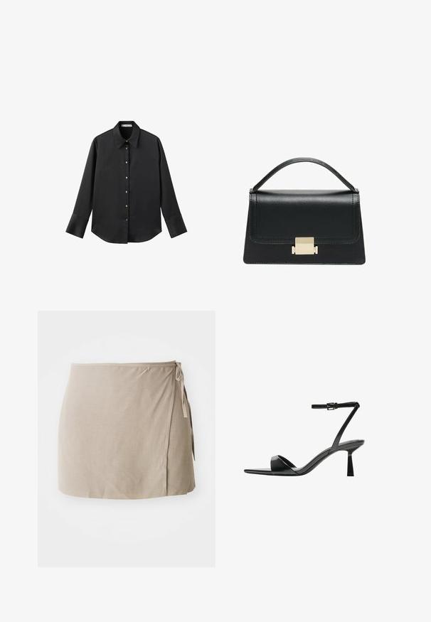 Črna majica z dolgimi rokavi iz gladkega materiala, z klasičnim ovratnikom, sprednjim zapiranjem na gumbe z zlatimi gumbi in širokimi manšetami.; Bežna zavita krila s stranskim vezanjem, izdelana iz lahkotnega materiala. Ima gladko teksturo in ravno silhueto z rahlim drapiranjem.; Bershka Sandali z visoko peto - black; Črna usnjena torbica z strukturiranim dizajnom, zgornjim ročajem in zlate kovinske sponke na sprednji strani. Gladka tekstura, minimalno šivanje.