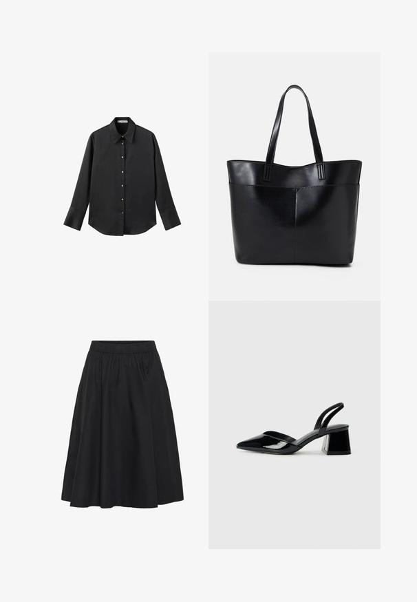 Maglietta nera a maniche lunghe in tessuto morbido, con colletto classico, chiusura frontale con bottoni dorati e polsini ampi.; Gonna nera con elastico in vita, design svasato, lunghezza al ginocchio, realizzata in tessuto morbido, con dettagli di cucitura minimi.; Décolleté in vernice nera con punta affusolata e tacco in geometria cubica. Presentano un design elegante e minimalista, con una texture liscia.; Borsa a tracolla in pelle nera con due manici lunghi, una texture liscia e una forma strutturata. Presenta una tasca frontale per ulteriore spazio di archiviazione.