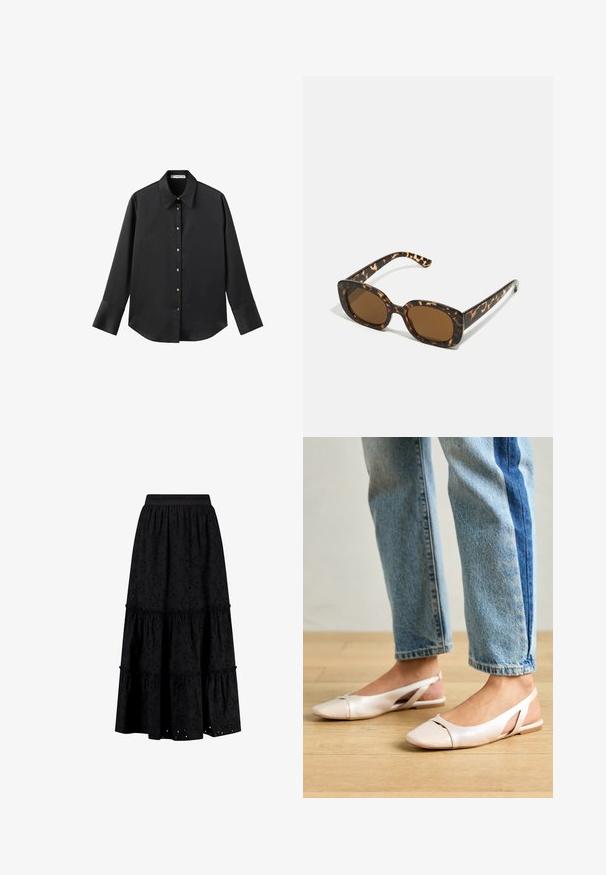 Black long-sleeve shirt in smooth fabric, featuring a classic collar, front button closure with gold-tone buttons, and wide cuffs.; Shiwi GIGI EMBRODERIE - Maxi skirt - broderie black; Pale pink slingback flats with a pointed toe, made from a smooth leather-like material. Features cut-out details at the sides and a flat heel.; Tortoiseshell sunglasses with a rounded, chunky frame and brown lenses. Features subtle patterns and straight, tapered arms.