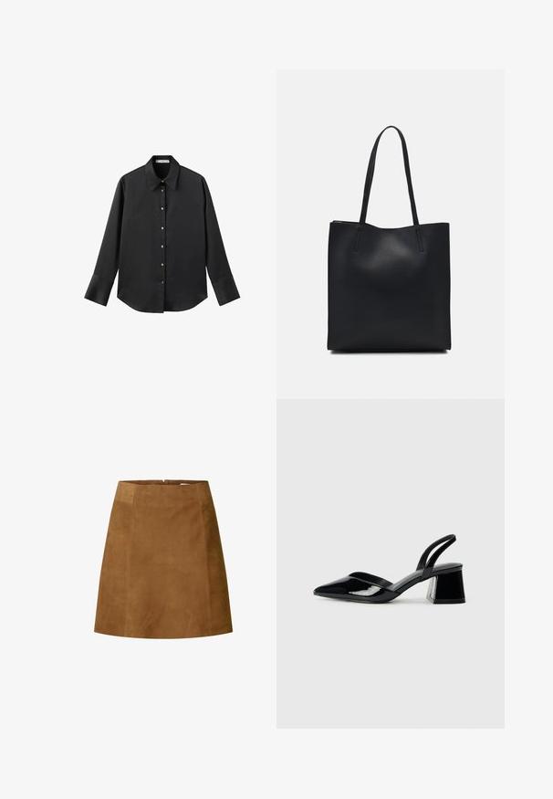 Svart långärmad skjorta i mjukt tyg, med klassisk krage, framknäppning med knappar i guldton och breda manschetter.; Brun semifoderad minikjol med rak skärning, med en mjuk textur och dragkedja bak. Enkelt design utan ytterligare detaljer.; Svarta lackläder slingback klackar med spetsig tå och geometrisk klack. Har en elegant, minimalistisk design och slät yta.; Svart lädertoffelväska med slät textur, rektangulär form och två långa handtag. Ingen synlig hårdvara eller dekorationer.