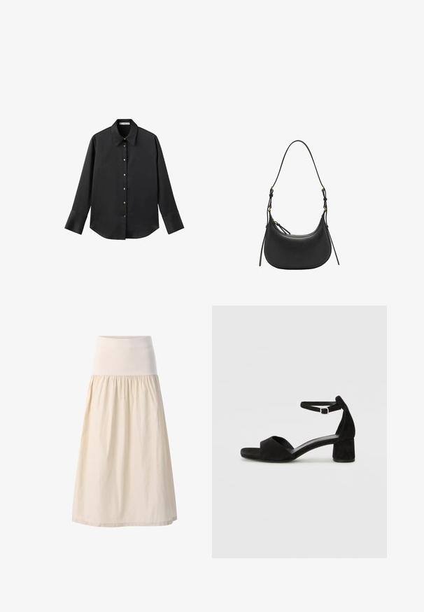 Zwarte lange mouwen shirt van gladde stof, met een klassieke kraag, een sluiting met knopen aan de voorkant met gouden knopen en brede manchetten.; Beige, middellange rok met een brede elastische tailleband en gathered, vloeiende stof. Soepele textuur met een zachte, lichtgewicht uitstraling.; Zwarte suede hakken met een dunne enkelband, open teen ontwerp en een bescheiden blokhak. Zachte textuur en minimale accenten.; Zwarte leren schoudertas met een gebogen vorm, verstelbare schouderband, gouden hardware accenten en een gladde textuur.