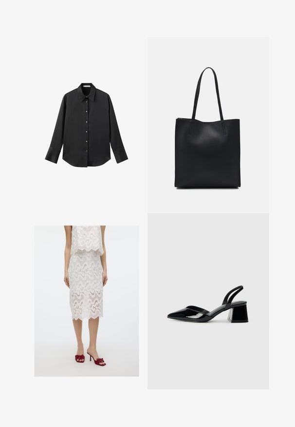 Svart långärmad skjorta i mjukt tyg, med klassisk krage, framknäppning med knappar i guldton och breda manschetter.; Vit spets tvådelad set med en vågig design, scalloped nederkant och texturerade detaljer; tillsammans med röda blommiga klacksandaler.; Svarta lackläder slingback klackar med spetsig tå och geometrisk klack. Har en elegant, minimalistisk design och slät yta.; Svart lädertoffelväska med slät textur, rektangulär form och två långa handtag. Ingen synlig hårdvara eller dekorationer.
