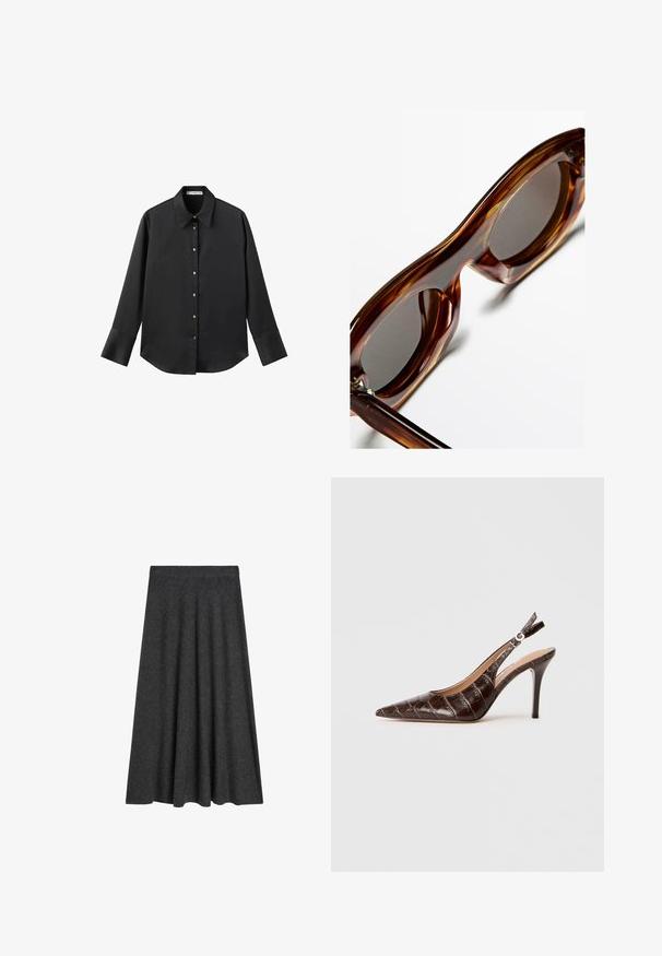 Zwarte lange mouwen shirt van gladde stof, met een klassieke kraag, een sluiting met knopen aan de voorkant met gouden knopen en brede manchetten.; Aangespte, knie-lange rok van donkergrijs wolmix, met een gladde textuur en een elastische tailleband voor comfort en draaggemak.; Bruine, krokodillen-embossed leren slingback pump met een puntige neus, open zijkanten en een dunne hoge hak. Ontworpen met een gespsluiting.; Bruine schildpad zonnebril met ronde montuur, donkere lenzen en een glanzende afwerking, met dikke, gebogen armen en minimale hardware.