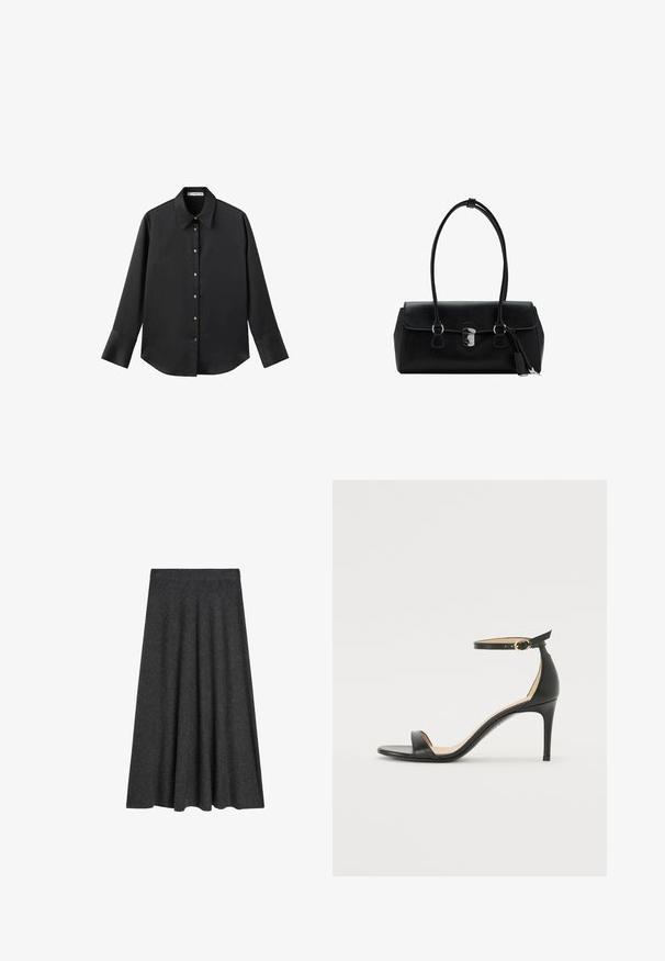 Chemise noire à manches longues en tissu lisse, dotée d'un col classique, d'une fermeture à boutons sur le devant avec des boutons dorés, et de larges poignets.; Jupe évasée, longueur genoux, en mélange de laine gris foncé, avec une texture lisse et une taille élastique pour le confort et la facilité de port.; Sandale à talons hauts en cuir noir avec une lanière de cheville. Présente une texture lisse, un bout ouvert et un talon fin. Détail de boucle en ton doré.; Sac à main en cuir noir avec une texture lisse, au design structuré, doté de deux poignées et d'un détail en métal argenté au centre.; Bracelet à manche doré avec une surface lisse et ondulée, présentant un intérieur texturé et un design ouvert, créant une forme organique.