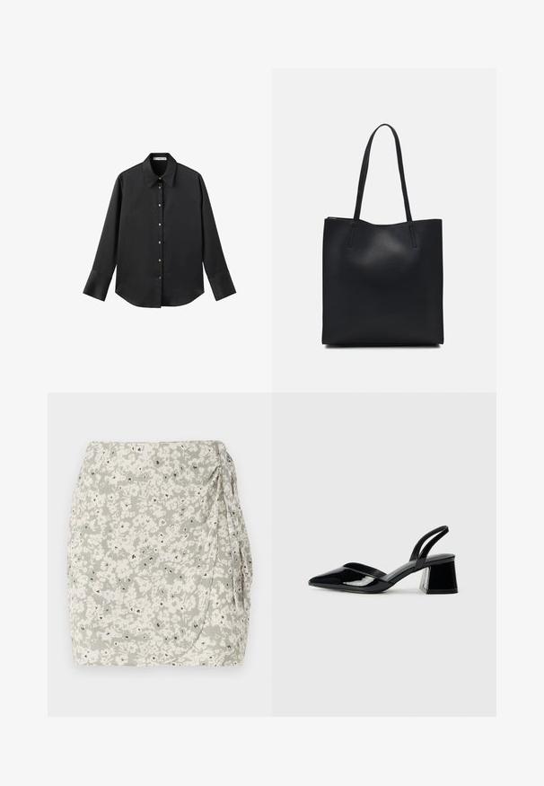 Chemise noire à manches longues en tissu lisse, dotée d'un col classique, d'une fermeture à boutons sur le devant avec des boutons dorés, et de larges poignets.; Jupe mini fleurie en vert clair et crème avec un côté froncé et des détails en accent noir. Tissu doux et texturé avec un design enroulé.; Escarpins en cuir verni noir avec bout pointu et talon bloc géométrique. Présente un design élégant et minimaliste ainsi qu'une texture lisse.; Sac fourre-tout en cuir noir avec une texture lisse, de forme rectangulaire et deux longues poignées. Pas de matériel ou d'ornementations visibles.
