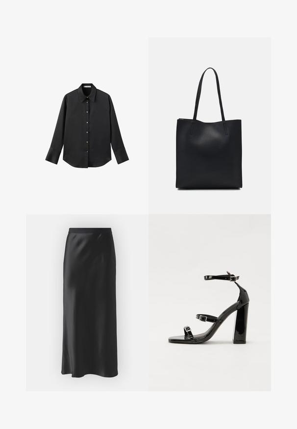 Chemise noire à manches longues en tissu lisse, dotée d'un col classique, d'une fermeture à boutons sur le devant avec des boutons dorés, et de larges poignets.; Gina Tricot ELASTIC MIDI SKIRT - Jupe longue - black; Sandales à talons vernies noires avec un bout carré, des sangles autour de la cheville et des boucles en argent. Dotées d'un talon bloc épais pour plus de stabilité.; Sac fourre-tout en cuir noir avec une texture lisse, de forme rectangulaire et deux longues poignées. Pas de matériel ou d'ornementations visibles.