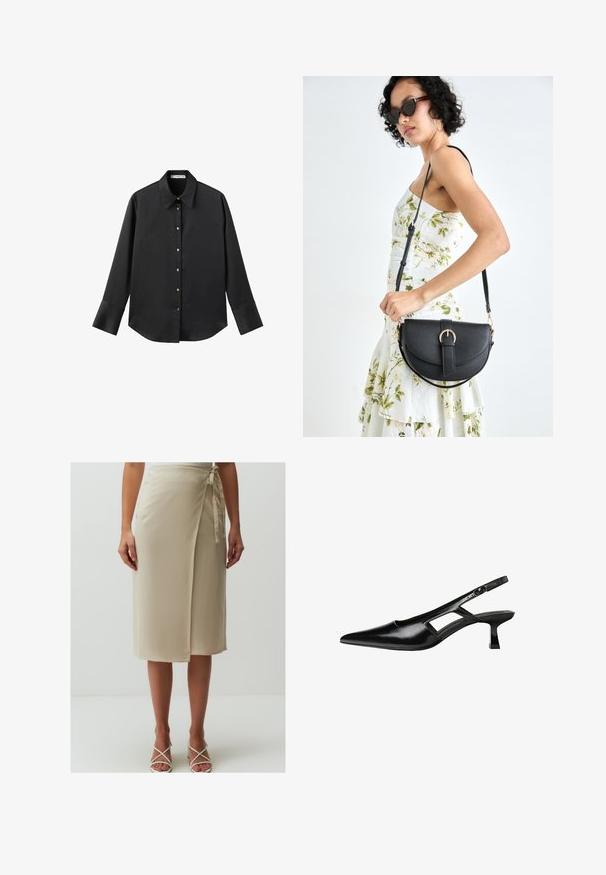 Czarna koszula z długim rękawem z gładkiego materiału, z klasycznym kołnierzykiem, zapięciem na guziki z przodu w złotym odcieniu oraz szerokimi mankietami.; Beżowa spódnica w kształcie owinięcia, wykonana z lekkiego materiału, z detalem zawiązywanego pasa i długości do kolan. Gładka tekstura z delikatnym połyskiem.; Czarne lakierowane czółenka na odkrytej pięcie z wąskim noskiem, z wykrojem po bokach i małym kwadratowym obcasem. Gładka faktura z minimalnymi akcentami.; Czarna skórzana torebka o zakrzywionym kształcie, z odpinanym paskiem i złotymi akcentami. Torebka posiada klapę z zapięciem w kształcie klamry.