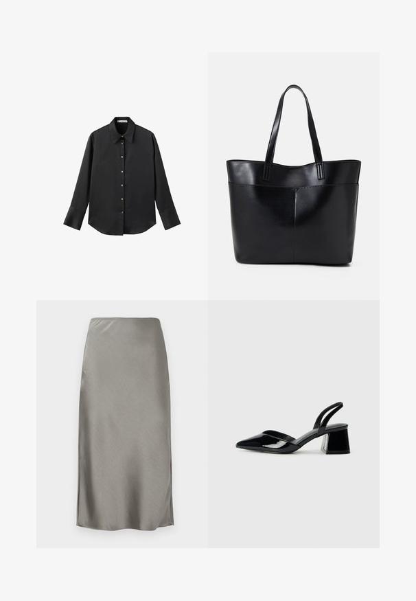 Black long-sleeve shirt in smooth fabric, featuring a classic collar, front button closure with gold-tone buttons, and wide cuffs.; Gray satin midi skirt with a sleek, smooth texture. Slight side slits enhance movement. Minimalist design, fitted waist, and straight silhouette.; Black patent leather slingback heels with a pointed toe and a geometric block heel. Features a sleek, minimal design and smooth texture.; Black leather tote bag with two long handles, a smooth texture, and a structured shape. Features a front pocket for additional storage.