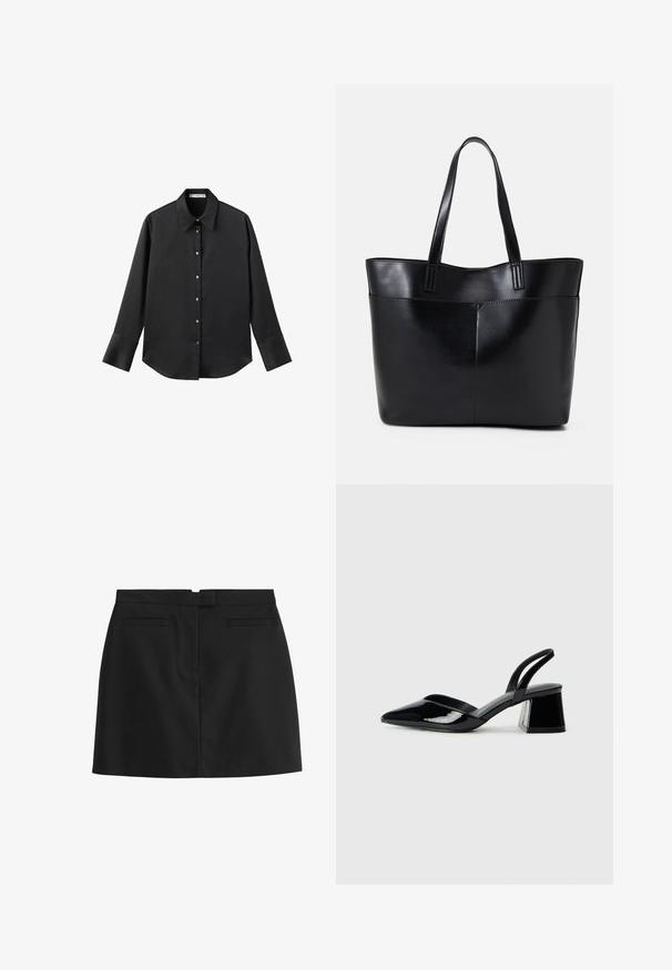 Maglietta nera a maniche lunghe in tessuto morbido, con colletto classico, chiusura frontale con bottoni dorati e polsini ampi.; Gonna mini nera realizzata in tessuto morbido, con un taglio dritto, due tasche posteriori e una chiusura con zip nascosta sul retro.; Décolleté in vernice nera con punta affusolata e tacco in geometria cubica. Presentano un design elegante e minimalista, con una texture liscia.; Borsa a tracolla in pelle nera con due manici lunghi, una texture liscia e una forma strutturata. Presenta una tasca frontale per ulteriore spazio di archiviazione.