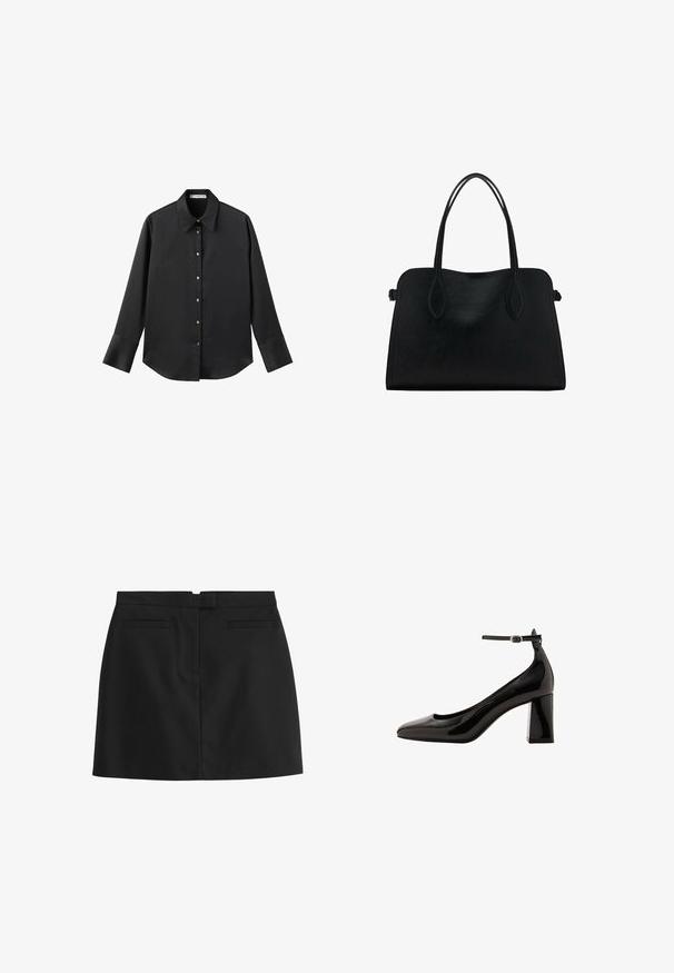 Čierna dlhá rukávová košeľa z hladkého materiálu, s klasickým golierom, predným zapínaním na gombíky so zlatými gombíkmi a širokými manžetami.; Čierna minisukňa vyrobená z hladkej tkaniny, s priamej strihom, dvoma zadnými vreckami a skrytým zipsom na zadnej strane.; Čierne lakované lodičky na členku s lesklým povrchom, špicatou špičkou a širokým blokovým podpätkom. Hladká textura, minimálne detaily.; Čierna kožená kabelka s dvojitými popruhmi na rameno, obdĺžnikový tvar a minimalistický dizajn na bielom pozadí.