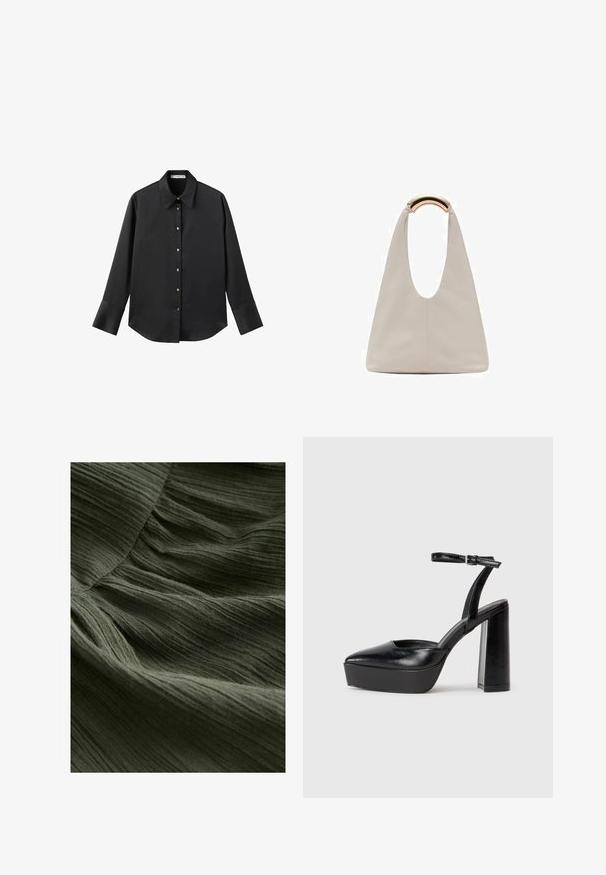 Zwarte lange mouwen shirt van gladde stof, met een klassieke kraag, een sluiting met knopen aan de voorkant met gouden knopen en brede manchetten.; Close-up van groen geplooide stof, met een zachte, gestructureerde oppervlakte met dunne, golvende lijnen en een lichte, vloeiende uitstraling.; Zwarte plateauhakken met een puntige neus en verstelbare enkelband. Gemaakt van soepel leer, met een robuuste blokhak.; Lichtgrijze leren tas met een U-vormig ontwerp en een gebogen metalen handvat. Glad oppervlak met minimale stiksels en geen zichtbare patronen.
