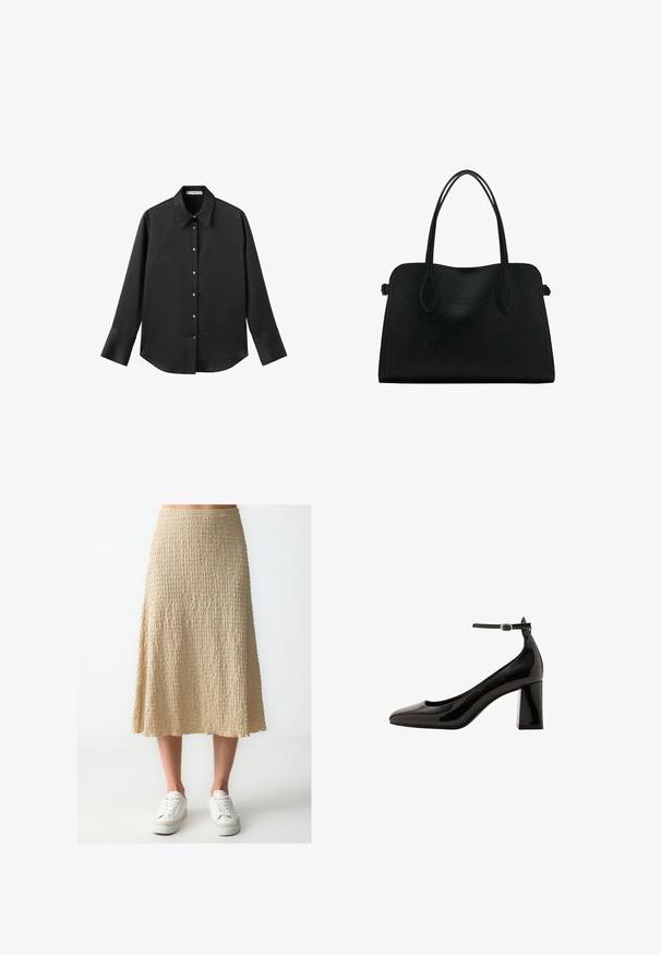 Schwarz langärmliges Hemd aus glattem Stoff, mit klassischem Kragen, frontaler Knopfleiste mit goldfarbenen Knöpfen und breiten Manschetten.; Beige, knielanger Rock aus strukturiertem Stoff mit gewelltem Saum. Kombiniert mit weißen Sneakers.; Schwarze Lackleder-Pumps mit Knöchelriemen und glänzender Oberfläche, spitzer Zehenform und dickem Blockabsatz. Sanfte Textur, minimalistische Details.; Schwarze Lederhandtasche mit zwei Schulterriemen, rechteckiger Form und minimalistischem Design auf weißem Hintergrund.