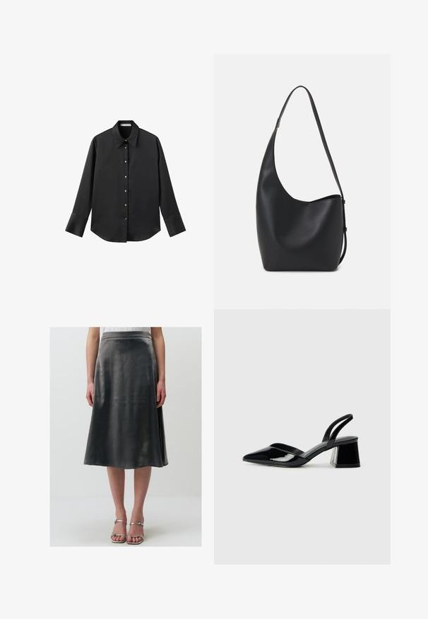 Zwarte lange mouwen shirt van gladde stof, met een klassieke kraag, een sluiting met knopen aan de voorkant met gouden knopen en brede manchetten.; Een grijze satijnen rok tot de knie met een zachte textuur, met een lichte glans en een uitlopende silhoët, aangevuld met een eenvoudige tailleband.; Zwarte gepatineerde leren slingback hakken met een spitse neus en een geometrische blokhak. Kenmerkt zich door een slank, minimalistisch ontwerp en een gladde textuur.; Zwarte leren hobo tas met een gladde textuur, kromme vorm en een enkele verstelbare schouderband; heeft een brede opening aan de bovenkant.