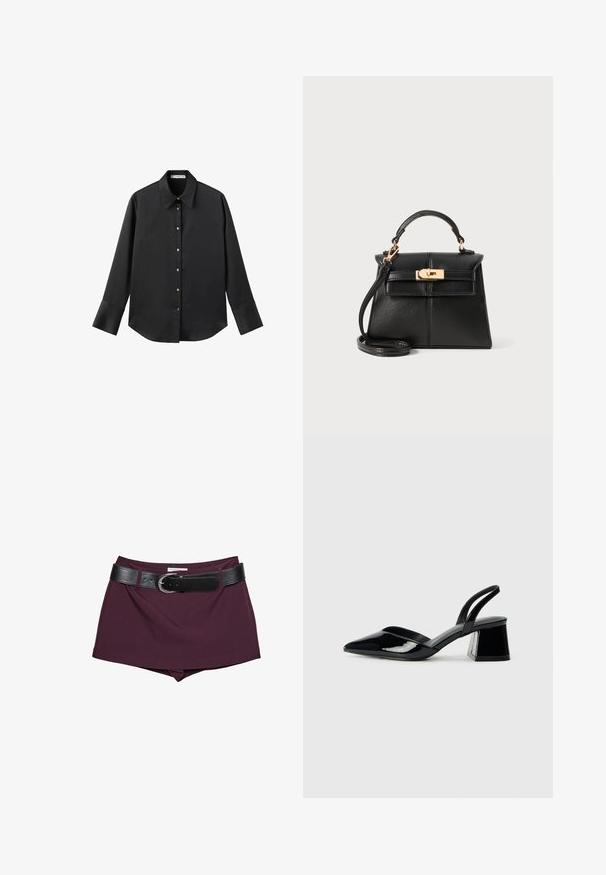 Sort langærmet skjorte i glat stof, med klassisk krave, frontlukning med guldtonede knapper og brede manchetter.; Bordeaux shorts med et sort læderbælte. Designet har en glat tekstur og en tætsiddende form, med et bredt bælte, der er sikret med en spænde.; Sorte patentlæder slingback hæle med spids tå og en geometrisk blok hæl. Har et elegant, minimalistisk design og en glat tekstur.; Sort læderhåndtaske med en struktureret design, topstrop, aftagelig rem og hårdvarer i guldtonede på en magnetisk lukning.