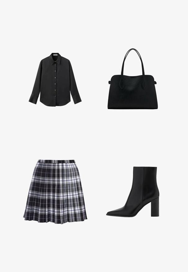 Chemise noire à manches longues en tissu lisse, dotée d'un col classique, d'une fermeture à boutons sur le devant avec des boutons dorés, et de larges poignets.; Jupe plissée à carreaux noir et gris avec une ceinture, la texture du tissu est lisse, avec des lignes horizontales et verticales de largeurs variées.; Botte chelsea en cuir noir avec un bout pointu, un talon carré, une texture lisse et des détails de couture le long des coutures. Les talons mesurent environ 8,9 cm.; Sac à main en cuir noir avec deux anses, de forme rectangulaire et au design minimaliste sur un fond blanc.