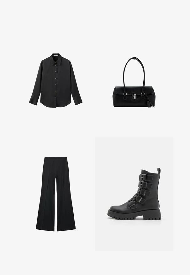 Črna majica z dolgimi rokavi iz gladkega materiala, z klasičnim ovratnikom, sprednjim zapiranjem na gumbe z zlatimi gumbi in širokimi manšetami.; Črne široke hlače z gladko teksturo, ki imajo sprednje nabore in kroj po meri. Tkanina je lahka in zračna.; Črne ankel čevlje iz usnja, ki imajo več kovinskih zaponk, debel podplat in zanko na hrbtni strani.; Črna usnjena torbica z gladko teksturo, strukturirano zasnovo, dvema ročkama in s srebrnim sponko na sredini.