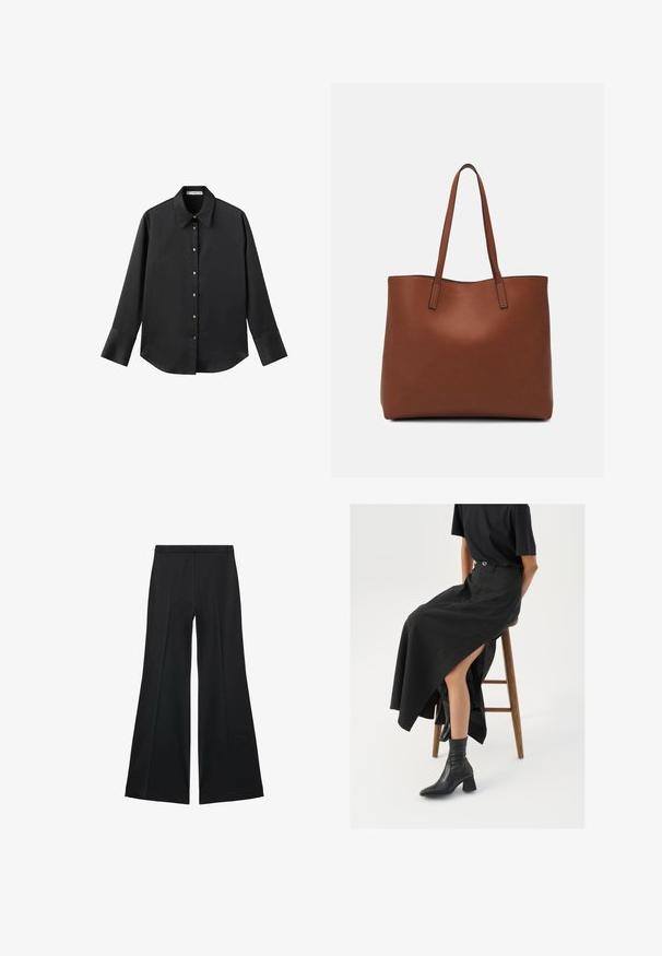 Črna majica z dolgimi rokavi iz gladkega materiala, z klasičnim ovratnikom, sprednjim zapiranjem na gumbe z zlatimi gumbi in širokimi manšetami.; Črne široke hlače z gladko teksturo, ki imajo sprednje nabore in kroj po meri. Tkanina je lahka in zračna.; Črna lanena maxi krilo z visokim razporkom, oblečeno s črno majico in črnimi gležnjarji. Minimalističen dizajn z udobnim krojem.; Rjava usnjena torba z gladko teksturo, odprto zasnovo zgoraj in dvema naramnima trakovoma. Opremljena je z minimalnim šivanjem in brez vidnih kovinskih delov.