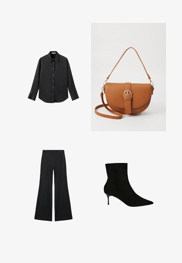 Sort langærmet skjorte i glat stof, med klassisk krave, frontlukning med guldtonede knapper og brede manchetter.; Sorte brede bukser med en glat tekstur, der har fremadrettede folder og en skræddersyet design. Stofferne er lette og flerdimensionelle.; Sort ruskindsankelstøvle med spidse tæer og en slank stilettohæl. Glat tekstur og tætsiddende silhuet, som fremhæver designet.; Brun læder crossbody taske med en buet form, guldfarvet hardware og en spændeaccent. Har en aftagelig skulderrem.