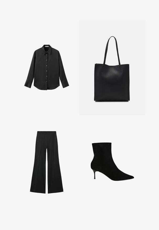 Sort langærmet skjorte i glat stof, med klassisk krave, frontlukning med guldtonede knapper og brede manchetter.; Sorte brede bukser med en glat tekstur, der har fremadrettede folder og en skræddersyet design. Stofferne er lette og flerdimensionelle.; Sort ruskindsankelstøvle med spidse tæer og en slank stilettohæl. Glat tekstur og tætsiddende silhuet, som fremhæver designet.; Sort læder tote taske med glat tekstur, rektangulær form og to lange hanke. Ingen synlig hardware eller udsmykninger.