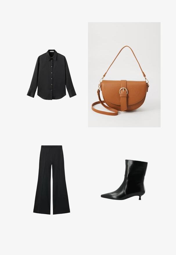 Czarna koszula z długim rękawem z gładkiego materiału, z klasycznym kołnierzykiem, zapięciem na guziki z przodu w złotym odcieniu oraz szerokimi mankietami.; Czarne spodnie o szerokich nogawkach z gładką teksturą, z przodu ozdobione zakładkami i skrojonym fasonem. Materiał jest lekki i zwiewny.; Czarne skórzane botki za kostkę z ostro zakończonym noskiem i niskim obcasem typu kitten heel, z detalami bocznymi i gładkim, błyszczącym wykończeniem.; Brązowa skórzana torba na ramię o zaokrąglonym kształcie, ze złotymi akcentami i zapięciem w formie klamry. Posiada odpinany pasek na ramię.
