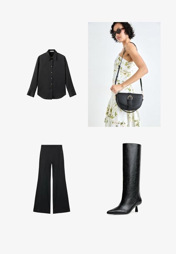 Svart långärmad skjorta i mjukt tyg, med klassisk krage, framknäppning med knappar i guldton och breda manschetter.; Svarta vida byxor med en slät textur, med framfickor och skräddarsydd design. Tyget är lätt och flödande.; Svart knähög stövel tillverkad av texturerat läder. Har en spetsig tå och en liten, utsvängd klack. Snygg, slät design med minimala detaljer.; Svart läderhandväska med en böjd form, avtagbar rem och guldiga detaljer. Väskan har ett lock med en spänndetalj.