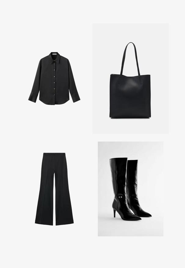 Schwarz langärmliges Hemd aus glattem Stoff, mit klassischem Kragen, frontaler Knopfleiste mit goldfarbenen Knöpfen und breiten Manschetten.; Schwarze weit geschnittene Hose mit glatter Textur, ausgestattet mit Frontfalten und einem taillierten Design. Der Stoff ist leicht und fließend.; Schwarze kniehohe Stiefel aus glänzendem Leder, mit spitzen Zehen und einem schlanken, hohen Absatz. Enthält einen subtilen metallischen Akzent an der Seite.; Schwarze Laptoptasche aus Leder mit glatter Textur, rechteckiger Form und zwei langen Griffen. Keine sichtbaren Beschläge oder Verzierungen.