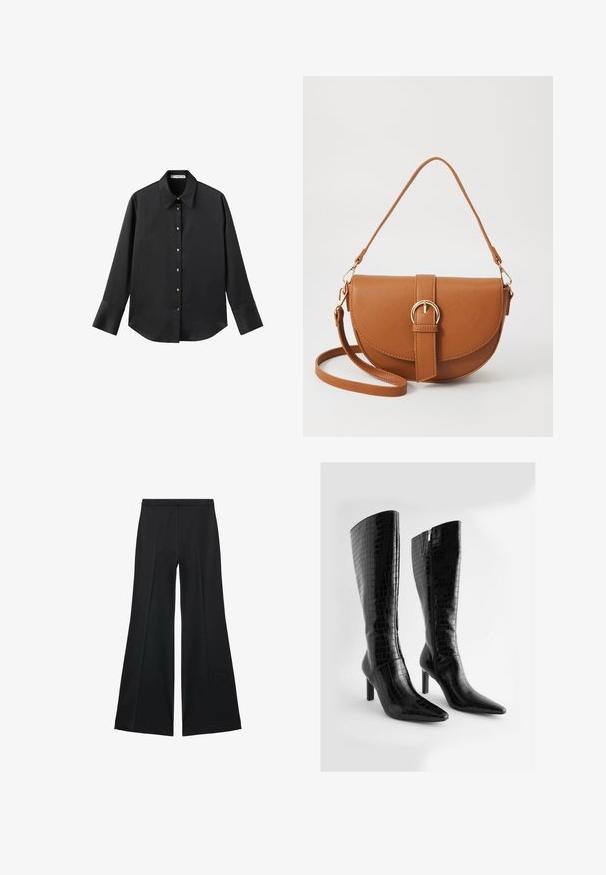 Schwarz langärmliges Hemd aus glattem Stoff, mit klassischem Kragen, frontaler Knopfleiste mit goldfarbenen Knöpfen und breiten Manschetten.; Schwarze weit geschnittene Hose mit glatter Textur, ausgestattet mit Frontfalten und einem taillierten Design. Der Stoff ist leicht und fließend.; Schwarze, kniehohe Stiefel aus Kunstleder mit Krokodilstruktur, spitzen Zehen und schmalem, hohen Absatz; verfügen über einen seitlichen Reißverschluss.; Braune Leder-Crossbody-Tasche mit geschwungener Form, goldfarbenen Beschlägen und einer Schnallenakzentuierung. Verfügt über einen abnehmbaren Schultergurt.