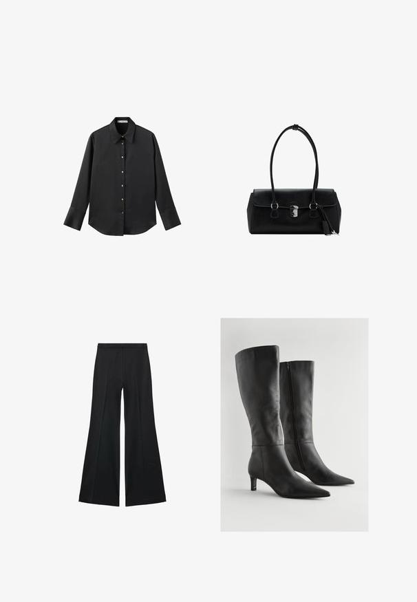 Cămașă neagră cu mâneci lungi dintr-un material neted, având un guler clasic, închidere frontală cu butoane aurii și manșete late.; Pantaloni negri cu croială largă, având o textură netedă, cu pliseuri frontale și un design croit. Materialul este ușor și fluid.; Cizme înalte până la genunchi din piele neagră, cu vârful ascuțit, toc bloc mic și fermoar lateral. Suprafața are o textură netedă cu detalii minime.; Geantă de umăr din piele neagră cu o textură netedă, design structurat, mânere duale și un detaliu cu închidere argintie în centru.