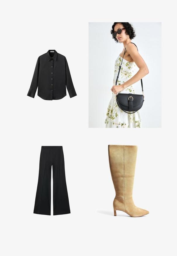 Črna majica z dolgimi rokavi iz gladkega materiala, z klasičnim ovratnikom, sprednjim zapiranjem na gumbe z zlatimi gumbi in širokimi manšetami.; Črne široke hlače z gladko teksturo, ki imajo sprednje nabore in kroj po meri. Tkanina je lahka in zračna.; Bež usnjeni škorenj do kolen s koničastim nosom in blok peto. Gladka tekstura, minimalističen dizajn in vertikalni šivni detajl na nogavici.; Črna usnjena torbica s ukrivljeno obliko, z odstranljivo naramnico in zlatimi dodatki. Torbica ima pokrov s podrobnostmi v obliki zaponke.