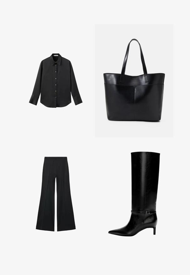 Cămașă neagră cu mâneci lungi dintr-un material neted, având un guler clasic, închidere frontală cu butoane aurii și manșete late.; Pantaloni negri cu croială largă, având o textură netedă, cu pliseuri frontale și un design croit. Materialul este ușor și fluid.; Cizme negre din piele, până la genunchi, cu vârf ascuțit și tocul mic. Prezentă o curea îngustă cu o cataramă metalică în jurul gleznei. Textură netedă.; Geantă oversized din piele neagră, cu două mânere lungi, de textură netedă și formă structurată. Are un buzunar frontal pentru stocare suplimentară.