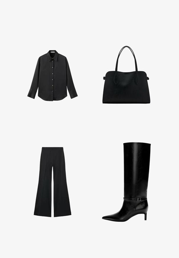 Crna košulja dugih rukava od glatkog materijala, s klasičnim ovratnikom, prednjim kopčanjem na dugmad u boji zlatne i širokim manžetnama.; Crne široke hlače s glatkom teksturom, koje imaju prednje nabore i kroj po mjeri. Tkanina je lagana i lepršava.; Crne kožne čizme do koljena s uskim vrhom i malom petom. Imaju usku traku s metalnom kopčom oko gležnja. Glatka tekstura.; Crna kožna torba s dvostrukim naramenicama, pravokutnog oblika i minimalističkim dizajnom na bijeloj pozadini.