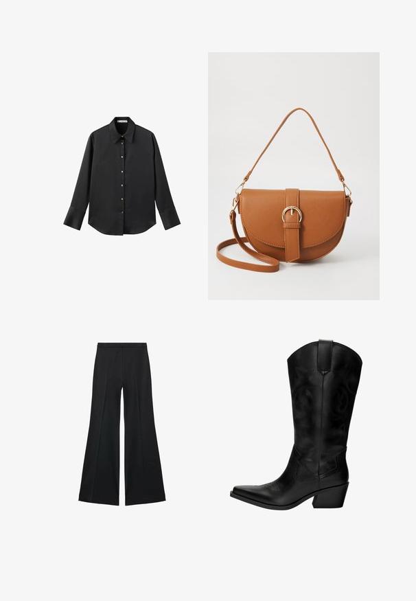 Černá dlouhá rukávová košile z hladkého materiálu, s klasickým límečkem, předním zapínáním na knoflíky ve zlatém tónu a širokými manžetami.; Černé kalhoty s širokými nohavicemi a hladkou texturou, s předními sklady a přizpůsobeným střihem. Materiál je lehký a splývavý.; Černé kožené kovbojské boty s špičatou špičkou, středním podpatkem, dekorativním prošíváním a poutkem pro snadné obouvání. Hladká textura a vysoký svršek.; Hnědá kožená křížová taška s zakřiveným tvarem, zlatými detaily a akcentem s přezkou. Obsahuje odnímatelný popruh na rameno.