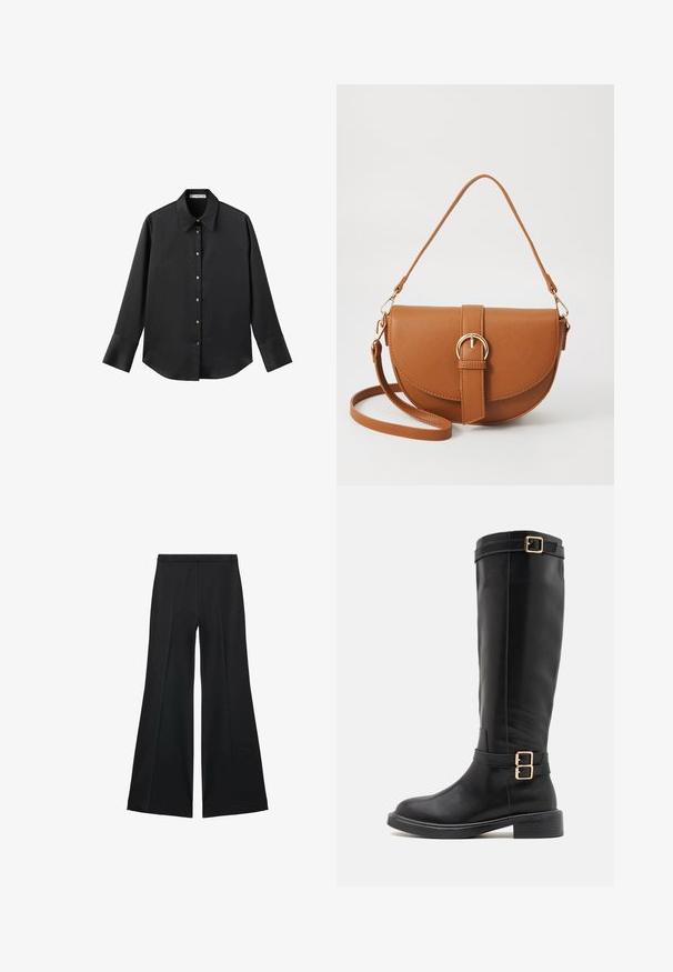 Crna košulja dugih rukava od glatkog materijala, s klasičnim ovratnikom, prednjim kopčanjem na dugmad u boji zlatne i širokim manžetnama.; Crne široke hlače s glatkom teksturom, koje imaju prednje nabore i kroj po mjeri. Tkanina je lagana i lepršava.; Crne čizme do koljena izrađene od glatke kože s zaobljenim vrhom, debelim potplatom i dualnim zlatnim kopčama na remenu oko gležnja.; Smeđa kožna torba preko tijela s zakrivljenim oblikom, zlatnim metalnim detaljima i naglaskom na kopču. Ima odvojivu naramenicu.